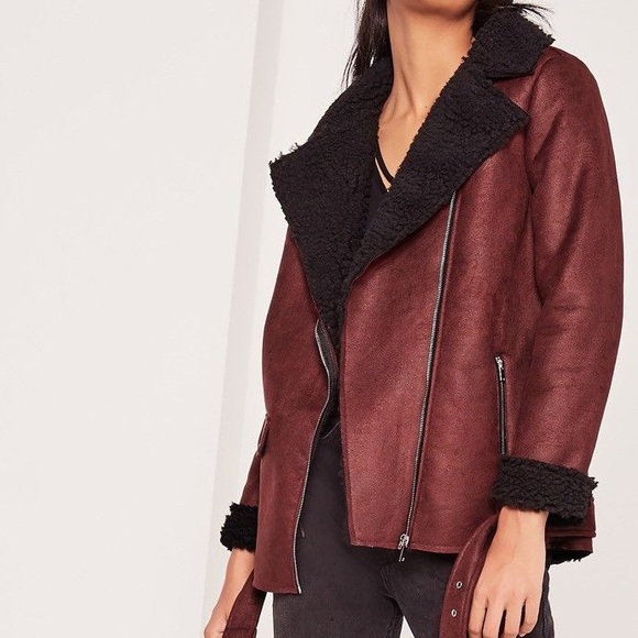 MISSGUIDED faux suede shearling burgundy and black biker Moto aviator jacket - Picture 2 of 4